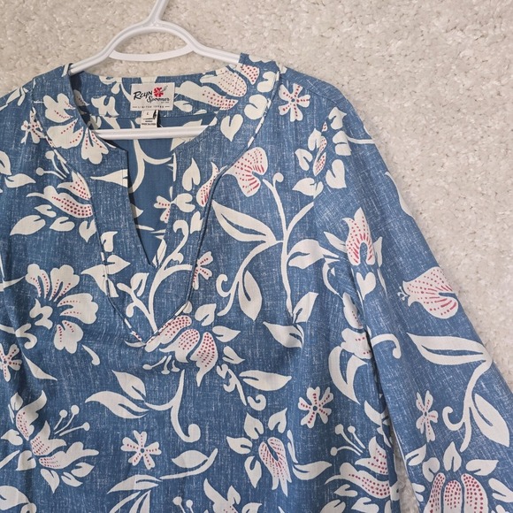 Reyn Spooner Limited Issue Tunic Top Womens Large Blue Hawaiian Reverse Print - Picture 3 of 11